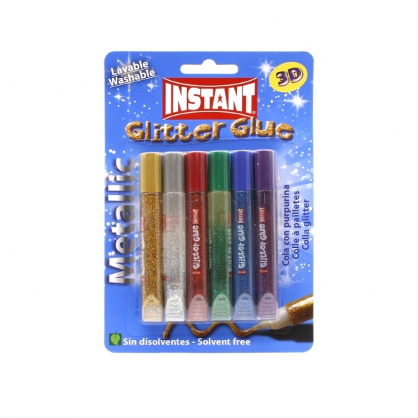 Instant Glitter Glue Metallic Pack de 6 Tubos de Pegamento con Purpurina 10.5ml - Para Distintas Superficies - Sin Disolventes - Colores Metalicos Surtidos
