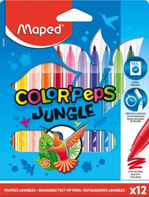 Maped Color´Peps Jungle Pack de 12 Rotuladores con Punta Media Bloqueada 2mm - Ojival, Suave y Flexible - Tinta Lavable - Colores Surtidos