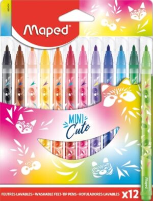 Maped Jungle Mini Cute Pack de 12 Rotuladores con Punta Media Bloqueada 2.8mm - Tinta Lavable - Colores Surtidos