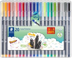 Staedtler Triplus Fineliner 334 Pack de 20 Rotuladores de Punta Fina - Trazo 0.3 mm Aprox - Tinta Base de Agua - Colores Surtidos