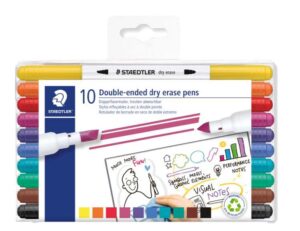 Staedtler Lumocolor 3010 Pack de 10 Marcadores para Pizarra Blanca - Doble Punta Biselada y Conica - Tinta Base de Agua - Colores Surtidos