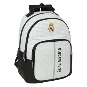 Safta Real Madrid 1ª Equipacion 24/25 Mochila - Adaptable a Carro - 2 Compartimentos - Asa de Mano - 32x42x15cm - Color Blanco/Negro