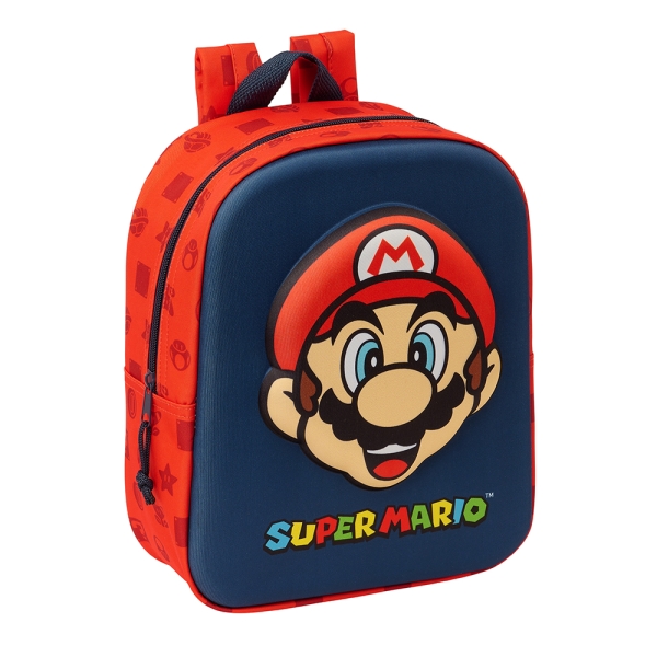 Safta Super Mario Mochila Guarderia 3D - Asa de Mano - Compartimento Principal con Cremallera - 22x27x10cm - Color Rojo y Azul