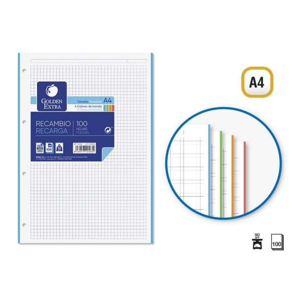 Golden Extra Recambio de 100 Hojas 90gr Cuadricula 5x5 - Formato A4 - 4 Taladros y Bandas de Color