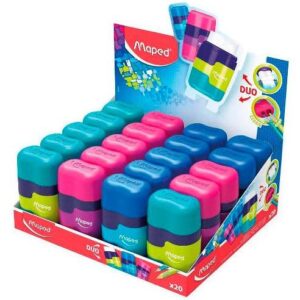 Maped Connect Duo Afilaborra de 2 Orificio con Goma de Borrar - Deposito de Gran Capacidad - Forma Ergonomica - Colores Surtidos
