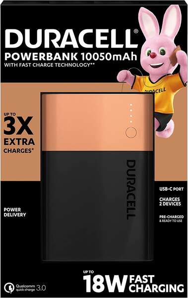 Duracell Bateria Externa/Power Bank 10050mAh PD 18W y QC 3.0 - 1x USB-A, 1x USB-C - Indicadores Led - 2 Dispositivos Simultaneamente