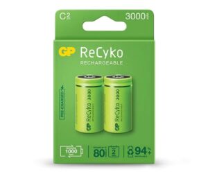 GP ReCyko Pack de 2 Pilas Recargables 3000mAh C 1.2V - Precargadas - Ciclo de Vida: Hasta 1000 Veces