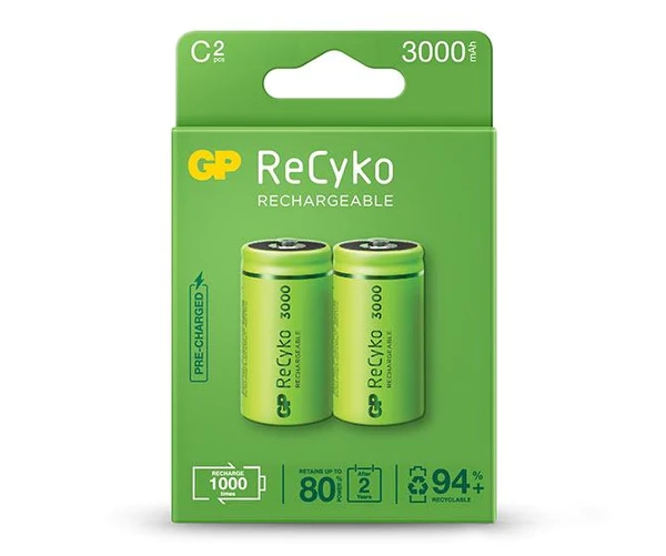 GP ReCyko Pack de 2 Pilas Recargables 3000mAh C 1.2V - Precargadas - Ciclo de Vida: Hasta 1000 Veces