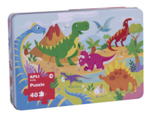 Apli Kids Puzle Dinosaurios - 48 Piezas de 5.5x6cm - Caja Metalica Rectangular - Diseño Exclusivo Infantil, Colorido, Claro y Simple - Piezas Resistentes y Seguras - Grosor de 2mm con Acabado Brillante E Indiana en el Dorso