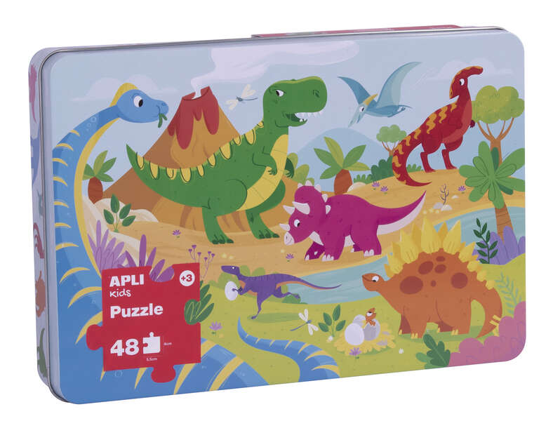 Apli Kids Puzle Dinosaurios - 48 Piezas de 5.5x6cm - Caja Metalica Rectangular - Diseño Exclusivo Infantil, Colorido, Claro y Simple - Piezas Resistentes y Seguras - Grosor de 2mm con Acabado Brillante E Indiana en el Dorso
