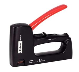 Petrus 295 Top Clavadora/Grapadora - Para Grapas 530/6 a 14mm y Pins Tipo 8 de 15mm - Ajuste de Potencia - Color Negro/Rojo