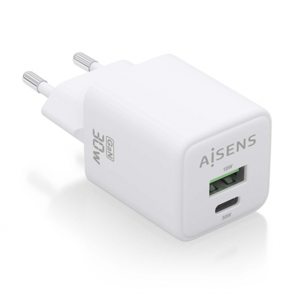 Aisens Cargador Gan USB-C 30W - Alta Eficiencia Energetica - Tecnologia AI - Multiples Protecciones - Carga Rapida y Segura - Compatible con Multiples Dispositivos