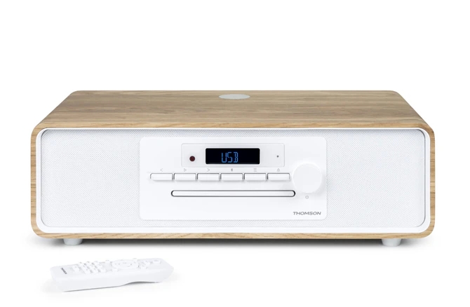 Thomson MIC300IBT Micro Cadena 60W Bluetooth 5.0 - Reproductor de CD, Radio FM, Reproductor USB (MP3) - Funcion de Carga Inalmbrica - Mando a Distancia - Color Madera/Blanco