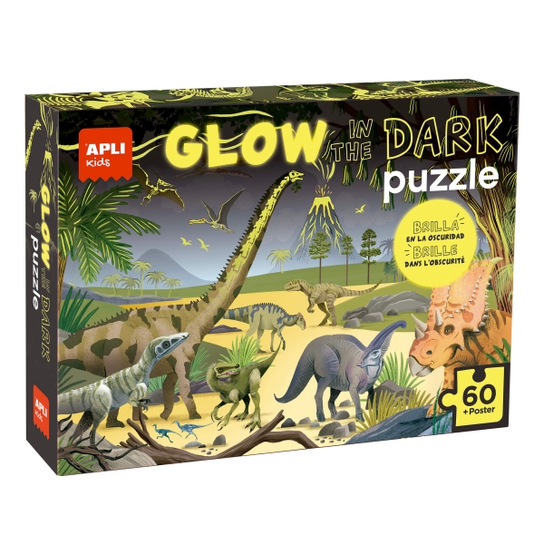 Apli Glow in the Dark Puzzle Fluorescente de 60 Piezas 6x6cm - Tematica Dinosaurios - Efecto Fluorescente que Revela Diseños Ocultos - Poster para Facilitar Montaje - Recomendado para Niños a partir de 4 Años