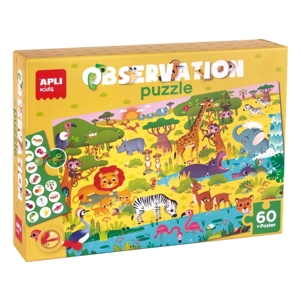 Apli Puzzle Observacion Junior Jungla de 60 Piezas de 6x6cm - Incluye Poster y 1 Ficha con Diferentes Objetos - Desarrolla la Concentracion, Observacion y Memoria - Recomendado para Niños a partir de 4 Años