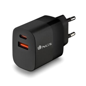 NGS Bud 33W Cargador GaN Universal de Pared 33W Ultrarapido - 1x USB-C PD & PPS, 1x USB-A QC 3.0 - Color Negro