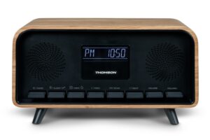 Thomson RT850BT Altavoz Retro Bluetooh - Radio Reloj Despertador - Potencia musical 30W - Color Madera/Negro
