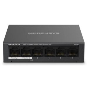 Mercusys Switch 6 Puertos RJ45 10/100Mbps - 4 Puertos PoE - Largo Alcance hasta 250m en Modo Extendido - Carcasa de Metal