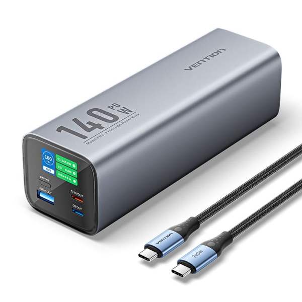 Vention Bateria Powerbank 27000mAh 140W USB (USB-C+C+A+A) - Pantalla LED - Color Gris