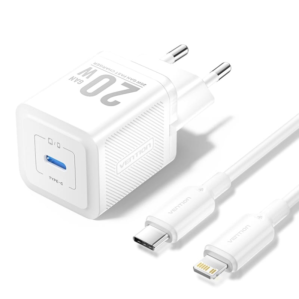 Vention Cargador de Pared GaN USB-C 20W - Cable USB-C a Lightning 1m - Color Blanco