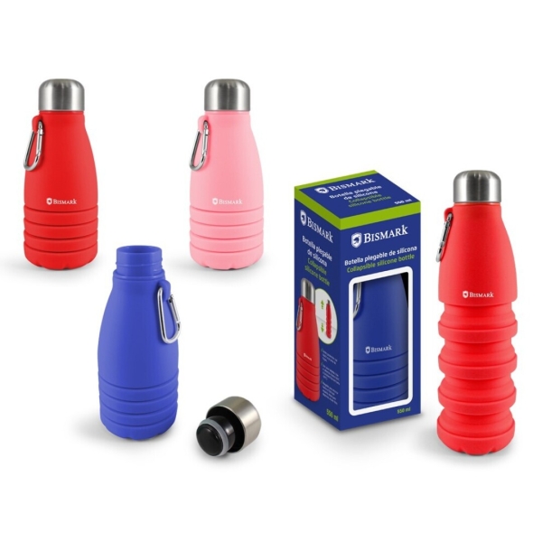 Bismark Botella de Silicona Plegable 550ml - Tapon de Acero Inoxidable - Mosqueton de Transporte - Colores Rosa, Rojo y Azul