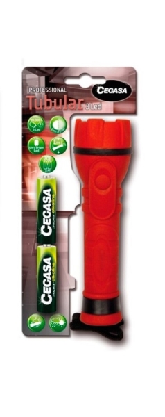 Cegasa Profesional Linterna de 3 LED - Cuerpo de Goma Antideslizante - Resistente a Golpes y Humedad - Funciona con 2 Pilas LR6 (Incluidas)