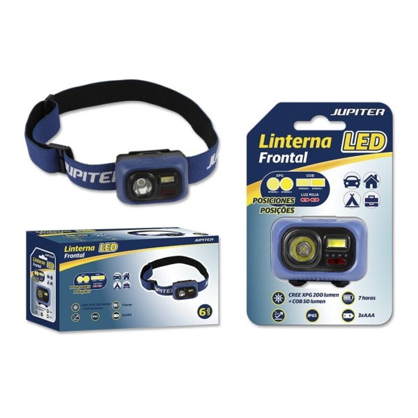 Jupiter Linterna Frontal LED 200lm + COB 50lm - Resistencia IP65 - Goma Ajustable para Cabeza - Funciona con 3 Pilas AAA (No Incluidas) - Color Azul
