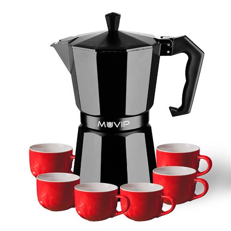 Muvip MV0607 Cafetera de Aluminio - Capacidad 6 Tazas - Mango Ergonomico - Antiadherente - Apta para Placas Electricas, Vitroceramicas y Gas - Color Negro Mate