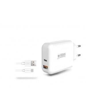 Urban Factory Powee Cargador de Pared USB-C de 45W y USB-A de 18W - Cable USB-A a USB-C de 1m - Color Blanco