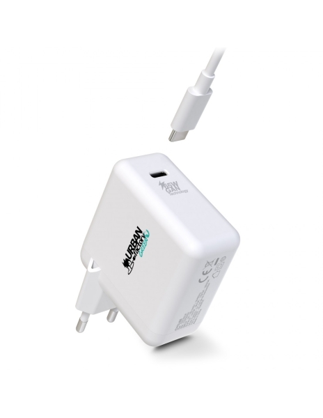 Urban Factory Cyclee Cargador de Pared USB-C GaN de 65W - Diseño Ecologico - Cable USB-C/USB-C de 2m - Color Blanco
