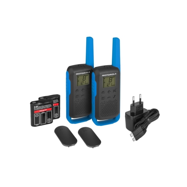 Motorola T62 Pack 2 Walkie Talkies - 16 Canales PMR446 + 121 Codigos de Privacidad- Alcance hasta 8Km - Autonomia hasta 29h - Color Azul