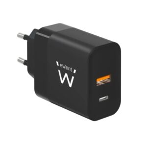 Ewent EW1327 Cargador GaN Universal de Pared 45W Ultrarapido - 1x USB-C PD 3.0 & PPS, 1x USB-A QC 2.0 - Color Negro