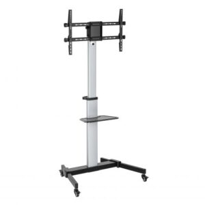 Ewent EW1583 Soporte de Suelo para TV de 37 a 86" - Bandeja Multiusos - Peso Max. 50kg - Altura, Inclinacion y Rotacion Ajustables - Ruedas - Color Gris