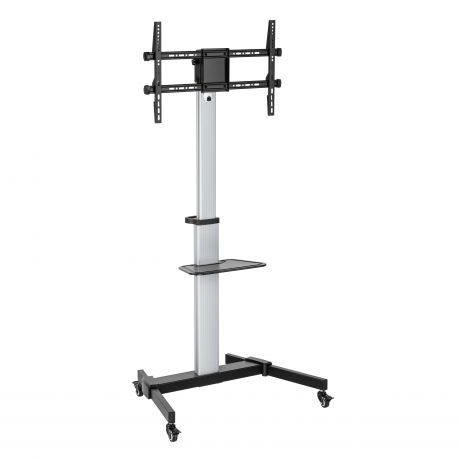 Ewent EW1583 Soporte de Suelo para TV de 37 a 86" - Bandeja Multiusos - Peso Max. 50kg - Altura, Inclinacion y Rotacion Ajustables - Ruedas - Color Gris