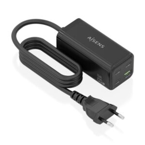 Aisens Cargador GAN 100W - 3xUSB-C PD3.0, QC4.0, QC5.0 - 1xUSB-A QC3.0 - Cable 1.4 Metros - Color Negro