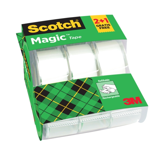 Scotch Magic Pack de 3 Cintas Adhesivas Invisibles - 19mm x 7.5m - Promocion 2 + 1 Gratis - Incluye Dispensador - Color Transparente