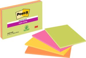 Post-It Super Sticky Pack de 4 Blocs de 45 Notas Adhesivas Reposicionables - Forma Rectangular - 101x152mm - Colores Surtidos