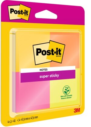 Post-It Super Sticky Pack de 4 Blocs de 45 Notas Adhesivas Reposicionables - 47.6x47.6mm - 100% PEFC - Colores Surtidos