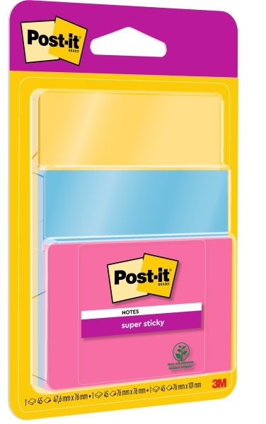 Post-It Super Sticky Pack de 3 Blocs de 45 Notas Adhesivas Reposicionables - Forma - Colores Surtidos