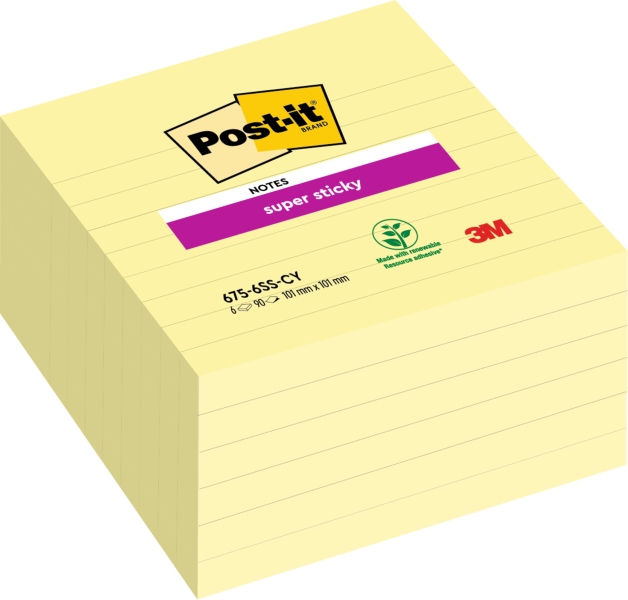 Post-It Super Sticky Pack de 6 Blocs de 90 Notas Grandes Adhesivas Reposicionables - 101x101mm - Color Amarillo Claro