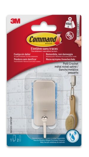 Command Gancho Compacto para Aseo - Resistente al Agua - 1 Unidad - 2 Tiras Adhesivas - Soporta hasta 450G - Talla S - Color Niquel Satinado