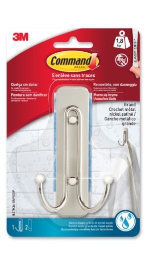 Command Gancho Doble Grande para Aseo - 2 Tiras Adhesivas - Soporta hasta 1.8kg - Color Niquel Satinado