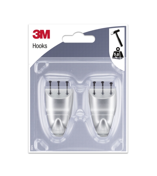 3M Pack de 2 Ganchos para Clavar - Formato M - Soporta hasta 5kg - Color Gris Metalizado