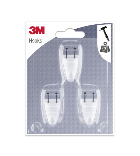 3M Pack de 3 Ganchos para Clavar - Formato S - Soporta hasta 2.5kg - Color Blanco
