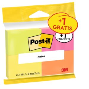 Post-It Pack de 4 Blocs de 100 Notas Adhesivas Reposicionables - Colores Neon - 38x51mm - Promocion 3 Blocs + 1 Gratis - Colores Surtidos