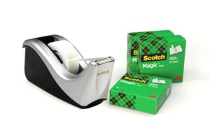 Scotch Magic Dispensador de Cinta Adhesiva - para Cintas de hasta 19mm x 33m - Incluye 4 Cintas Adhesivas - Color Negro/Gris