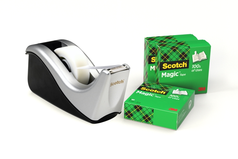 Scotch Magic Dispensador de Cinta Adhesiva - para Cintas de hasta 19mm x 33m - Incluye 4 Cintas Adhesivas - Color Negro/Gris