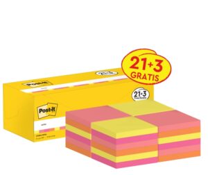 Post-It Pack de 24 Blocs de 100 Notas Adhesivas Reposicionables - Forma Cuadrada - 76x76mm - Colores Surtidos