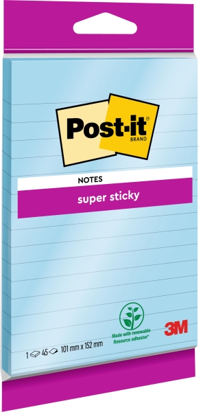 Post-It Super Sticky Bloc de 90 Notas Grandes Adhesivas Reposicionables - con Lineas - 102x152mm - Color Azul