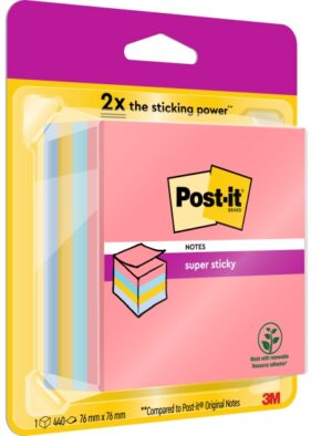Post-It Super Sticky Cubo de 400 Notas Adhesivas Reposicionables - Colores Arcoiris - 76x76mm - Colores Surtidos